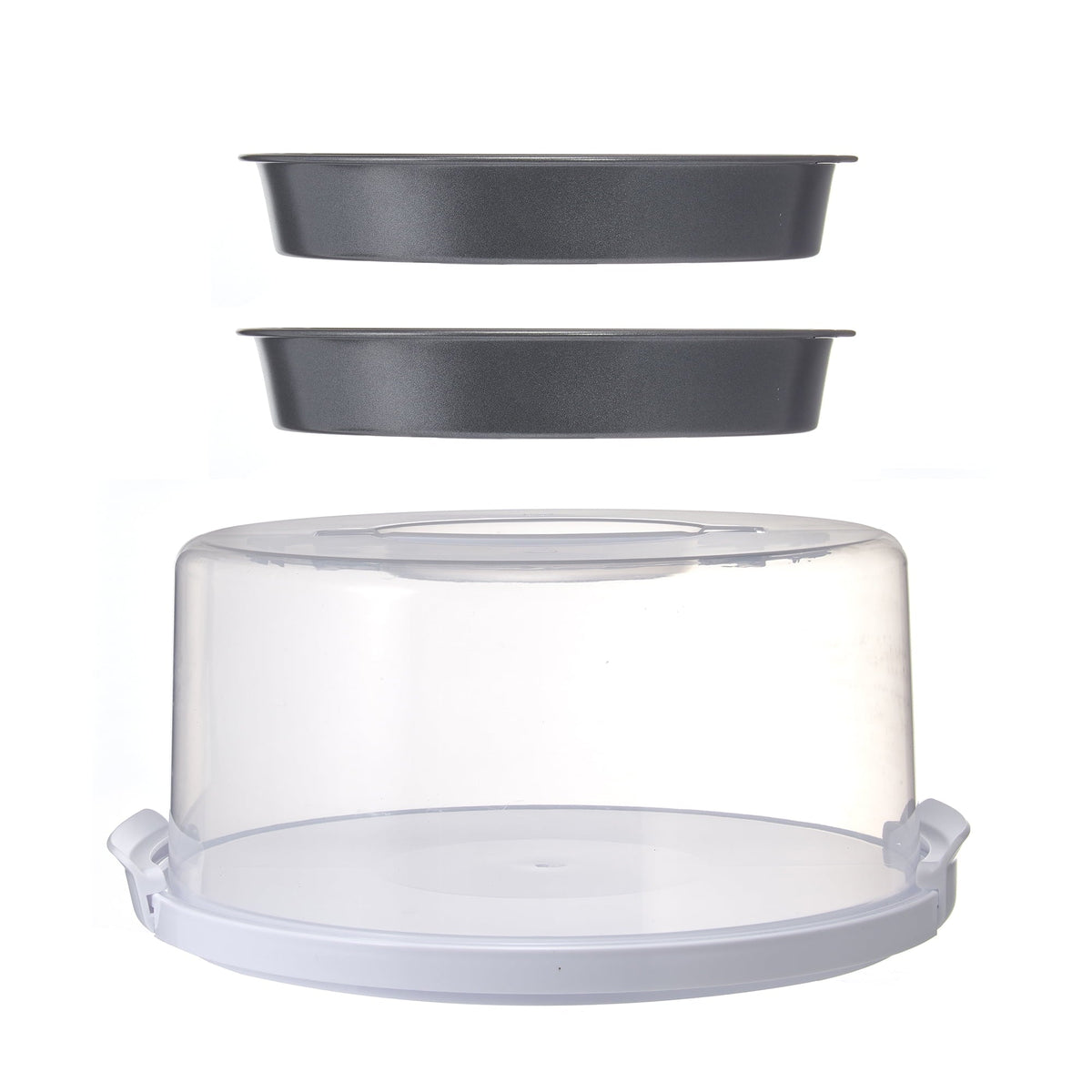 Mainstays 12 inch Clear Cake Carrier with 2pk 9 inch Gray Round Pans, Carbon Steel